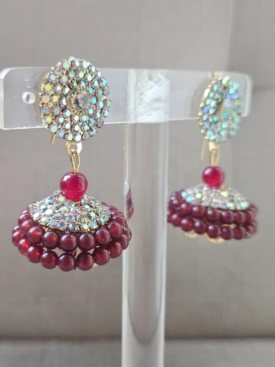 Jewelry - Indian Jhumka Earrings Burgundy Tone Beads Gold Tone Ethnic Fashion Ear Jewelry
